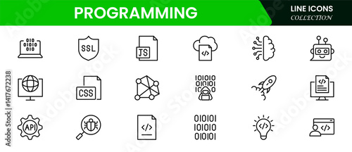 Programming and coding icon set. Software development icon collection. Contains such Icons as code, api, programmer, developer, information technology, coder and more