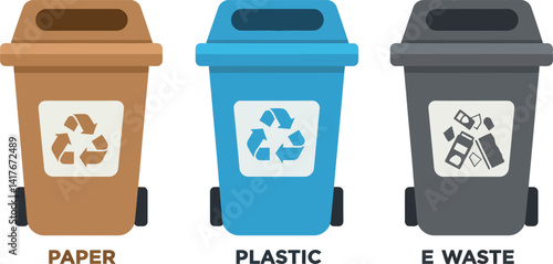 Three recycling bins for paper plastic and electronic waste flat minimal vector illustration