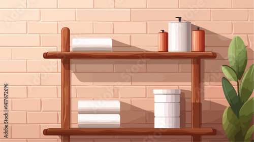 Wooden Shelving Unit with Toilet Paper Rolls and Clean Towels Displayed