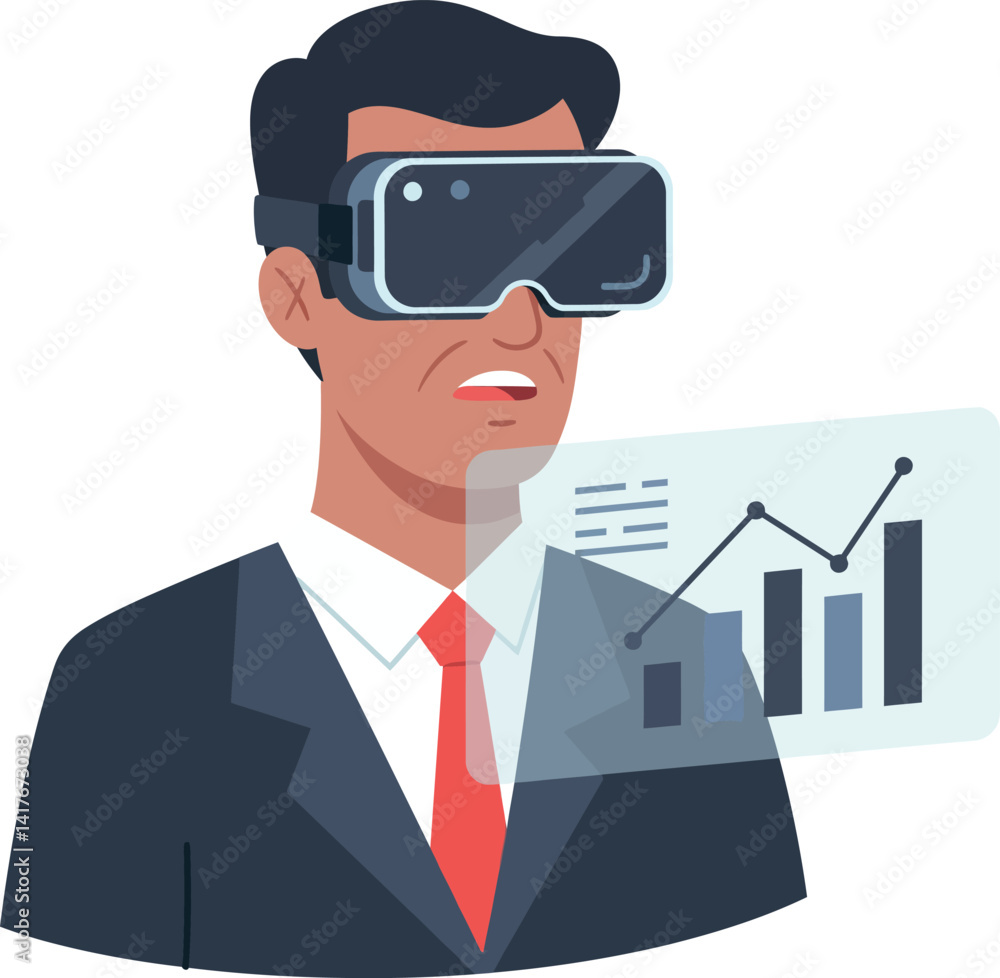 Businessman wearing virtual reality headset analyzing digital financial charts flat design vector illustration Businessman wearing virtual reality headset analyzing digital financial charts flat design vector illustration