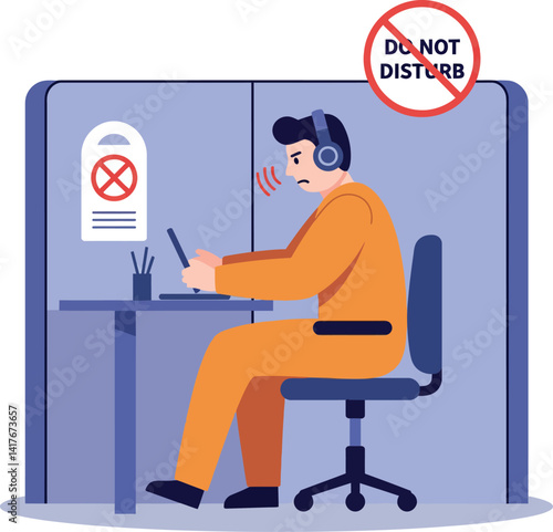 Man wearing headphones focused on laptop in office cubicle with do not disturb sign flat design vector illustration