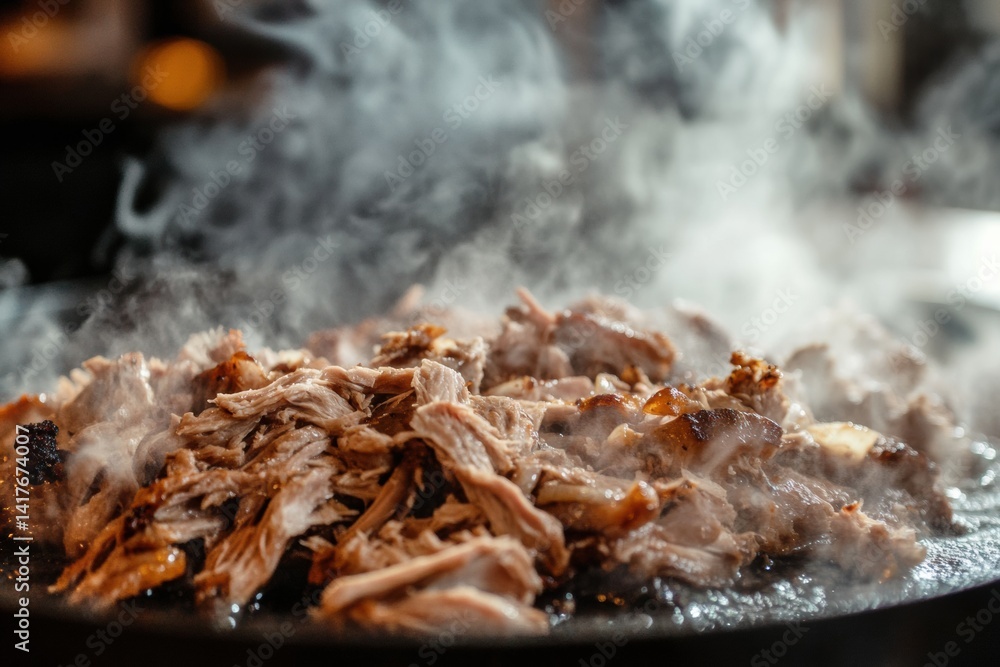 Juicy pulled pork smoking on hot griddle with steam rising in kitchen setting