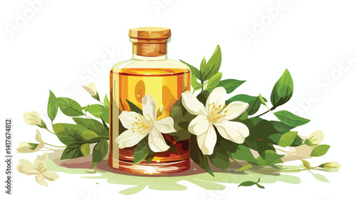 Essential Oil Bottle with Jasmine Flowers, Aromatherapy Wellness Concept
