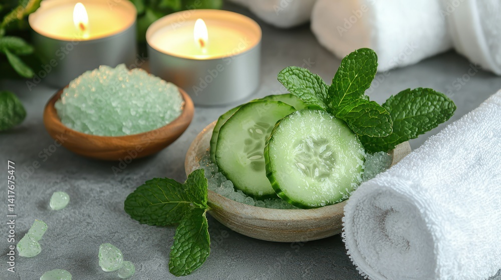 A close-up of refreshing cucumber and mint spa treatment ingredients placed beside a soft white towel and candles.