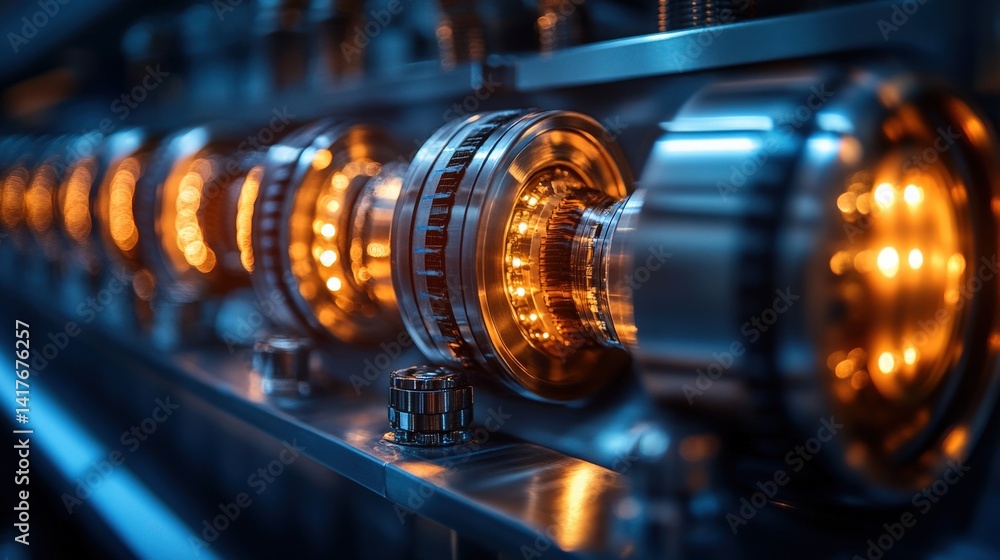 Fototapeta premium Close-up view of illuminated mechanical components in a futuristic industrial setting