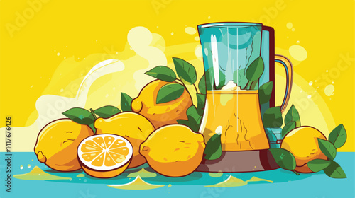 Vibrant Composition of Ripe Lemons, Juicer, and Sugar on Colorful Background