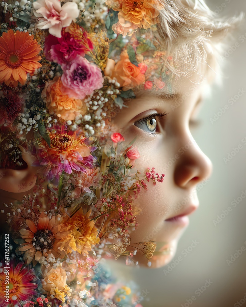 A child's portrait infused with vibrant flowers. A child's portrait infused with vibrant flowers.