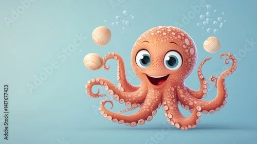 Cute cartoon octopus character with big eyes and happy expression, juggling seashells under water bubbles