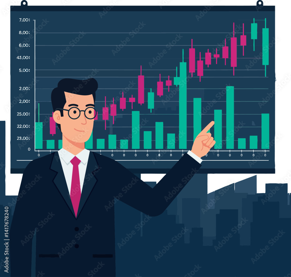 Businessman in suit pointing at rising financial graph with candlestick chart in flat style vector illustration Businessman in suit pointing at rising financial graph with candlestick chart in flat style vector illustration