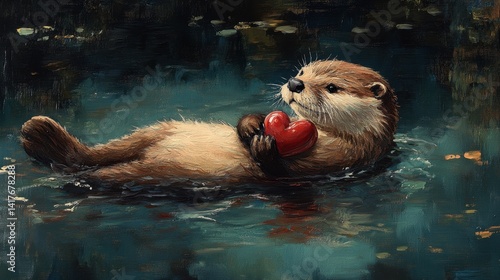 Adorable otter peacefully floating in water while holding a bright red heart in its paws, showcasing love and affection