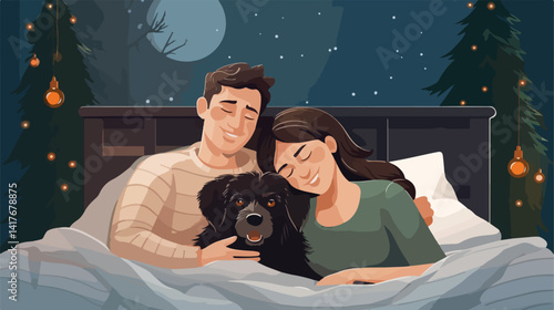 Happy Family and Dog Sleeping in Bed at Home - Vector Illustration