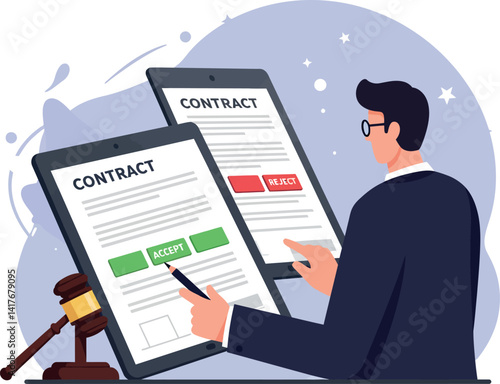 Businessman reviewing digital contract documents with accept and reject options flat style vector illustration