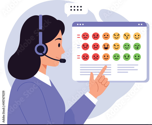 Female customer service representative with headset pointing at colorful emoticon feedback chart flat digital vector illustration