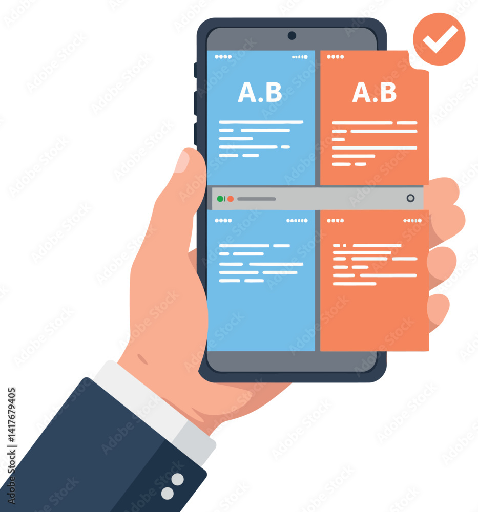 Hand holding smartphone with colorful app interface showing text blocks and checkmark flat design vector illustration Hand holding smartphone with colorful app interface showing text blocks and checkmark flat design vector illustration