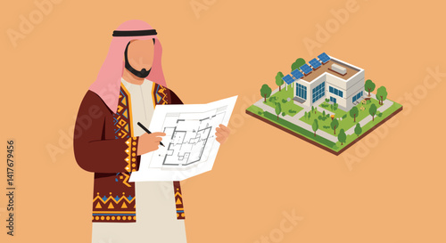 Arab Architect Examining Building Blueprint Next To Modern House with Solar Panels in Flat Design