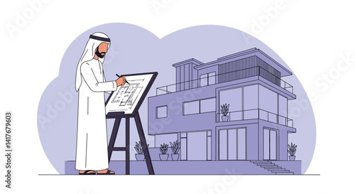 Arab Architect In Traditional Attire Drawing Building Plans on Easel Against Modern House