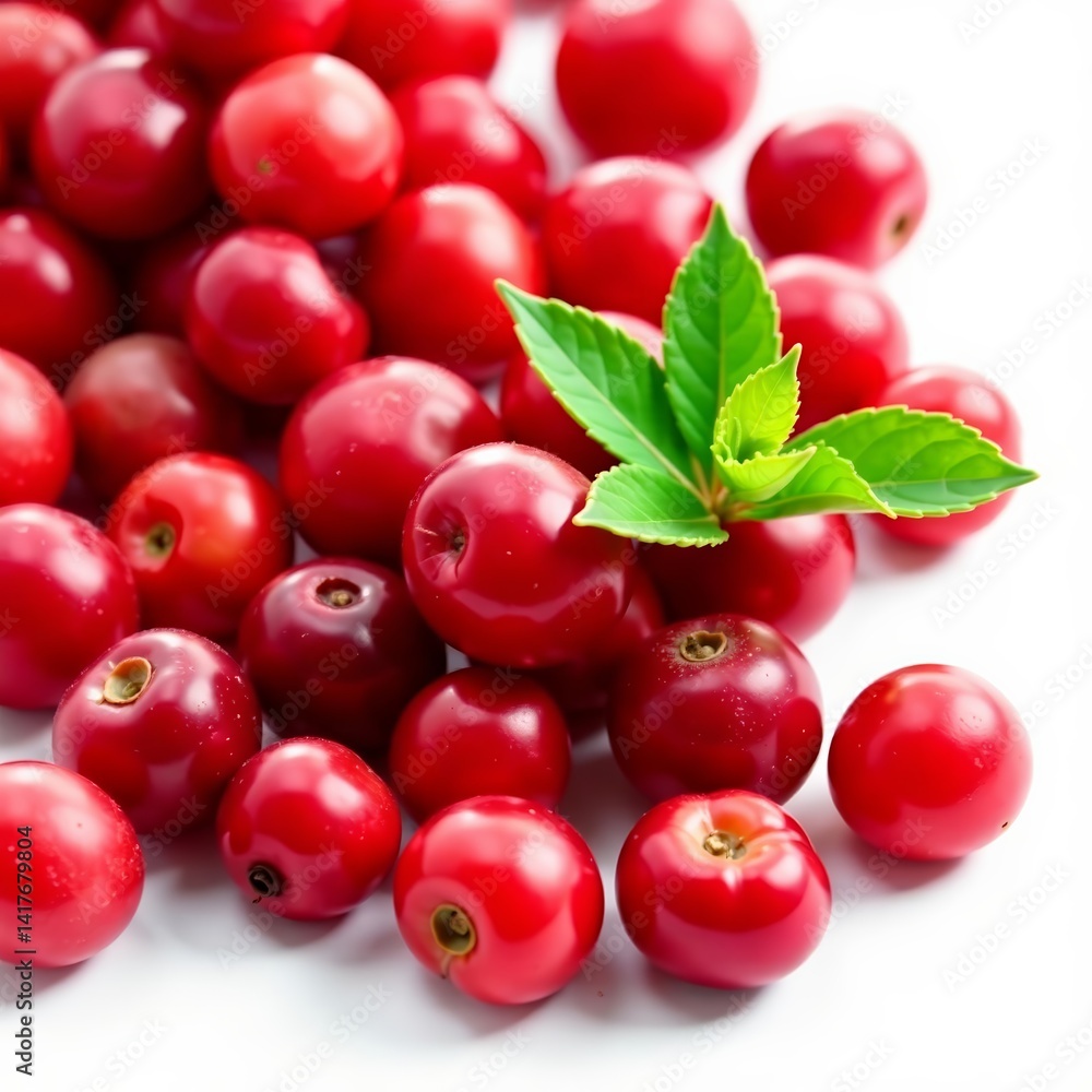 Obraz premium Group of ripe cranberries on white background, seasonal fruity harvest for food photography, background, ripe, white