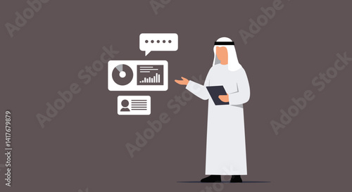 Arab Business Man in White Garment Presenting Data on Screen in Front of Dark Background