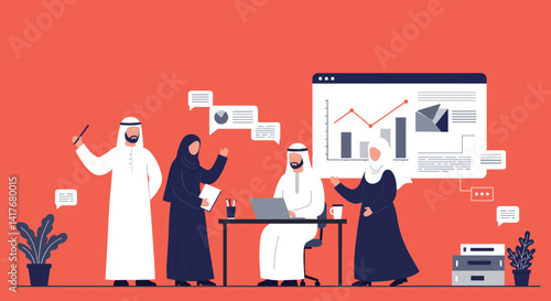 Arab Business Team Analyzing Data In Office With Red Background Digital Pixel Art Style