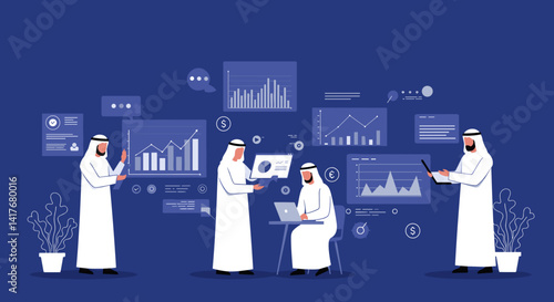 Arab Business Team Analyzing Data And Financial Information Displaying Digital Charts And Graphs