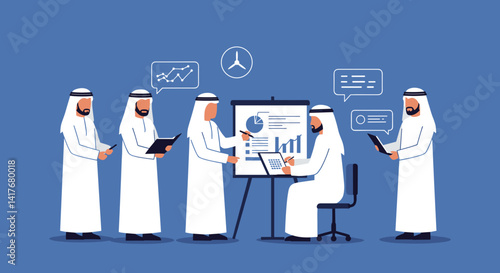 Arab Business Meeting Presentation With Pixel Art Style In White Attire and Blue Background