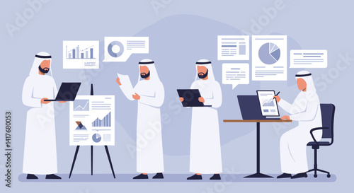 Arab Business Team Analyzing Financial Reports And Presenting Data In Modern Office Setting With Pastel Background