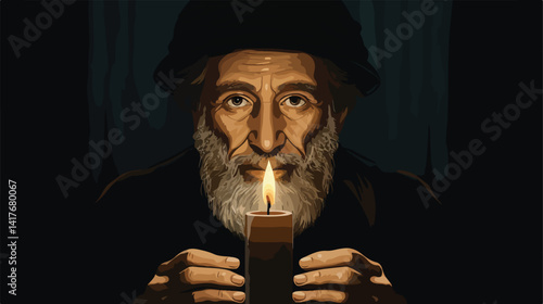 Jewish Man Holding Candle on Dark Background for International Theme