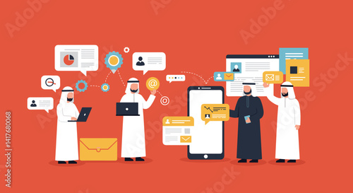 Arab Business Team Collaborating With Digital Devices in a Modern Flat Illustration on Red Background