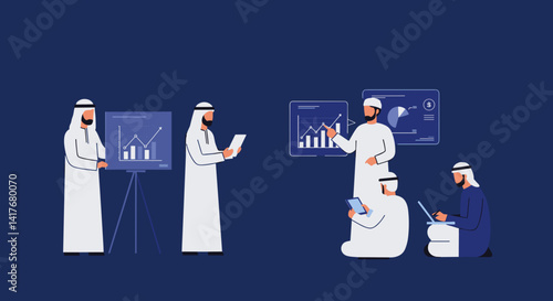 Arab Business Team Collaboration With Charts And Digital Devices In Blue Background
