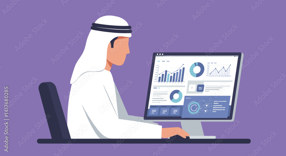Arab Businessman Analyzing Data on Computer Screen in Pixelated Style against Purple Background Arab Businessman Analyzing Data on Computer Screen in Pixelated Style against Purple Background