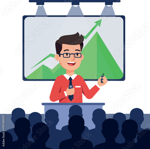 Businessman giving presentation with rising graph on screen in flat design vector illustration