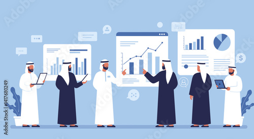 Arab Business Team in White and Black Attire Presenting Data Analysis on Blue Background with Charts and Graphs