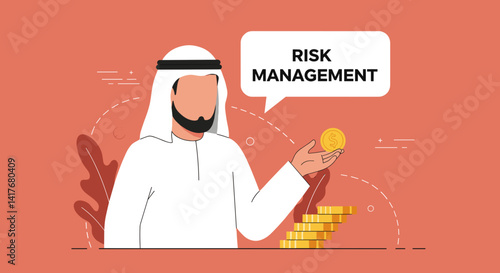 Arab Businessman in Traditional Attire Holding Gold Coin with Risk Management Text and Stacked Coins on Orange Background