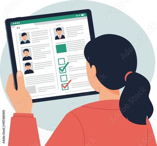Woman viewing digital tablet with online profiles and checklists flat design vector illustration