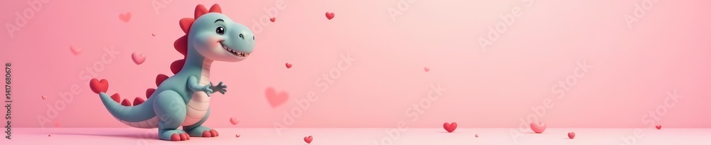 Happy cartoon dinosaur in a cute pose with hearts on a pastel pink background, dino, cute pose Happy cartoon dinosaur in a cute pose with hearts on a pastel pink background, dino, cute pose
