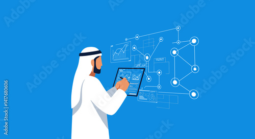 Arab Businessman in White Thobe Using Tablet with Futuristic Networked Data Displaying on Blue Background