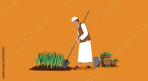 Arab Gardener Tending Plants with Shovel in the Garden on an Orange Background