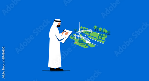 Arab Man Examining City Map In Blue Background Planning Strategy For Construction Project