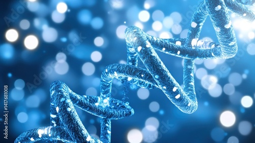 3D model of a DNA double helix in a vibrant blue backdrop.