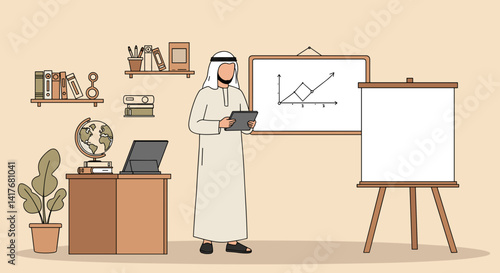 Arab Man In Traditional Attire Presenting With Digital Tablet At Whiteboard In Office Setting