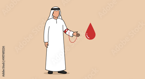 Arab Man in White Traditional Attire Donating Blood with Red Blood Drop and Beige Background