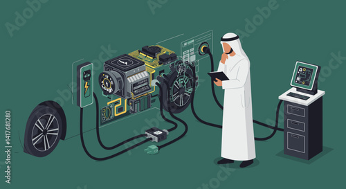 Arab Man in White Traditional Attire Examining Digital Car Engine Component Connected to Computer Terminal Isometric Pixel Art Illustration