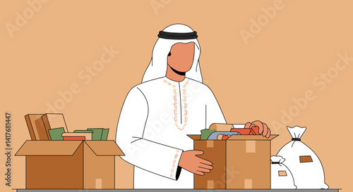 Arab Man Packing Boxes For Donation On Beige Background With Clothing And Items