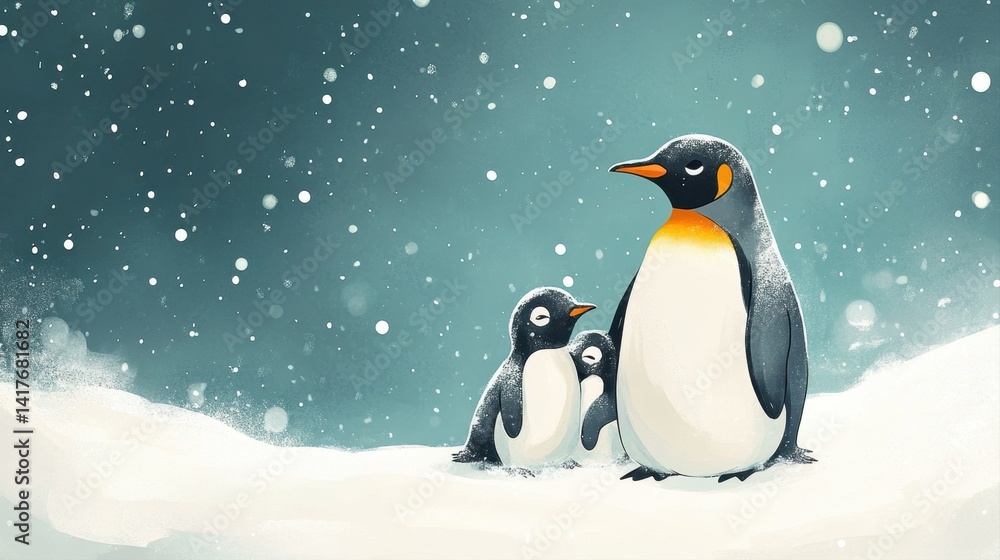 Fototapeta premium Adorable Penguins Standing Together in Snowy Winter Landscape with Gentle Snowfall and Soft Light Reflection