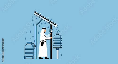 Arab Man Refilling Water Bottles From Solar Powered Tap Digital Illustration on Light Blue Background
