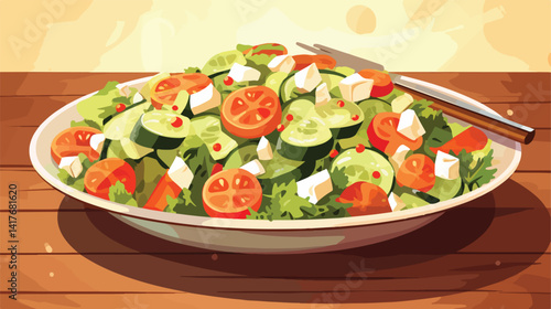 Fresh Greek Salad on Plate Vector Illustration for Culinary Designs