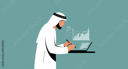 Arab Man Working On Laptop With Chart And Diagram In A Pixelated Flat Design Style