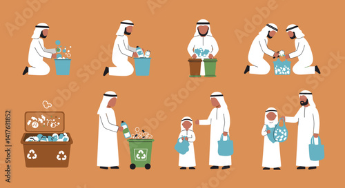 Arab Men And Children Recycling Waste In A Pixelated Style On A Brown Background