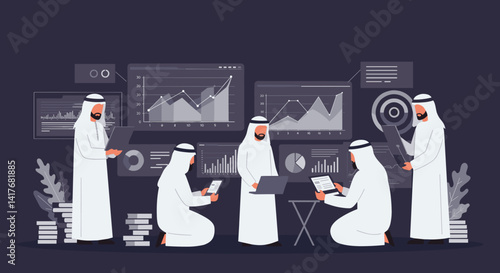 Arab Men Analyze Business Data In A Meeting Using Digital Devices With Graphs And Charts In Dark Setting