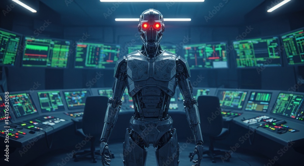 Futuristic Robot in Control Room Illustration Futuristic Robot in Control Room Illustration